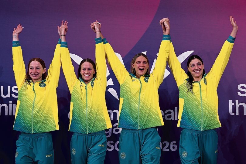 Gold medallists Meg Harris, Shayna Jack, Alex Perkins and Mollie O'Callaghan.