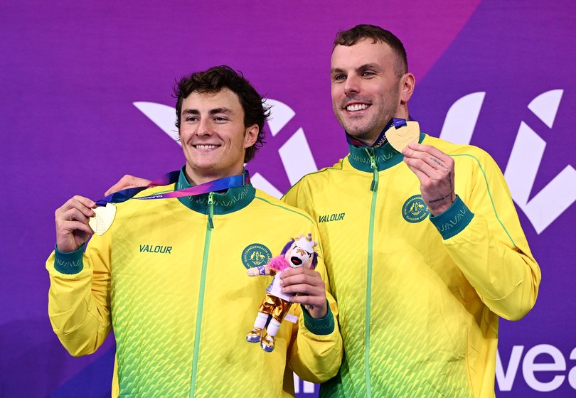 Gold medalists Ben Armbruster and Kyle Chalmers after their dead-heat.