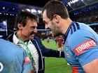 Out on a high: Laurie Daley celebrates the 2026 Origin series triumph with captain Isaah Yeo.  (Dave Hunt/AAP PHOTOS)