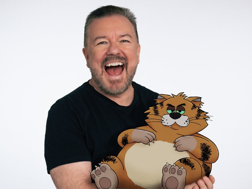 Ricky Gervais poses with his character Gus from Netflix series Alley Cats.