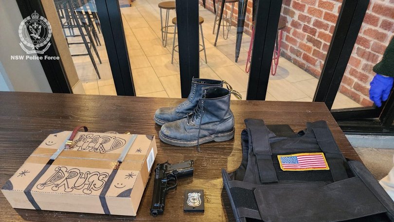 Police allegedly seized a replica firearm, bade and vest. Picture: NSW Police