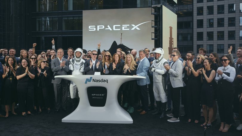 SpaceX executives at the Nasdaq closing bell ceremony on the day of the company’s initial public offering in New York on June 12, 2026.