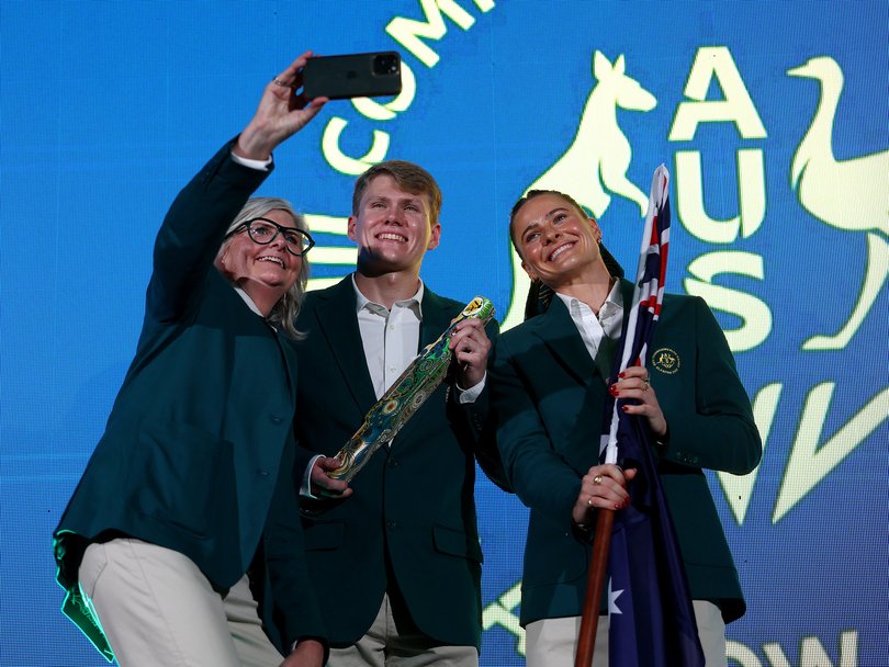 Australian Governor-General Sam Mostyn at the Commonwealth Games in Glasgow with Baton Bearer Tim Hodge and flag bearer Nina Kennedy.