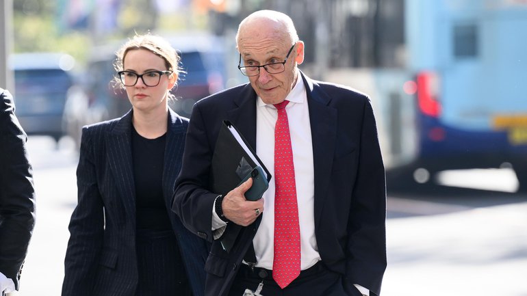 NSW Liberal member of the Legislative Council Damien Tudehope (right) arrives to give evidence during the ICAC Operation Rosny hearings, in Sydney, Tuesday, August 4, 2026. 