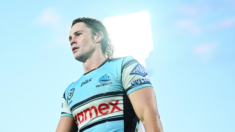 BRISBANE, AUSTRALIA - JULY 11: Nicho Hynes of the Sharks is seen after the final siren during the round 19 NRL match between Dolphins and Cronulla Sharks at Kayo Stadium, on July 11, 2026, in Brisbane, Australia. (Photo by Albert Perez/Getty Images) Albert Perez