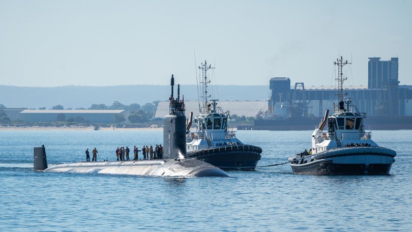 The Virginia-class USS Minnesota prepares to moor at HMAS Stirling, WA.