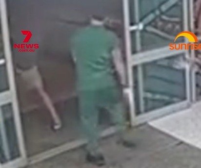 As the man exits the sliding doors, he is pictured attacking Mr Nelson, but likely didn’t expect what was coming next.