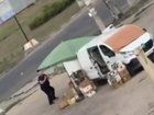 Footage shared by Ukrainian police shows the drone pursuing a man around a van being used as a street stand before exploding as he dives for cover behind the vehicle.