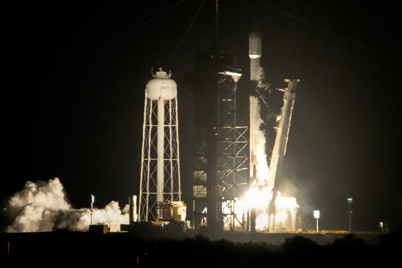A SpaceX Falcon 9 rocket lifts off from pad 39A with a payload of a pair of lunar landers at the Kennedy Space Center in Cape Canaveral, Fla., Jan. 15, 2025. 