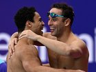 Chad le Clos (right) celebrates his record 21st Commonwealth Games medal after winning relay bronze.