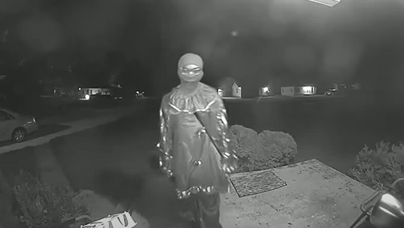 The teenager was captured on a doorbell camera dressed as a clown.