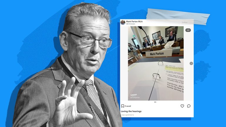 ACT Liberal Party leader Mark Parton and, inset, the photo he took in the committee room.