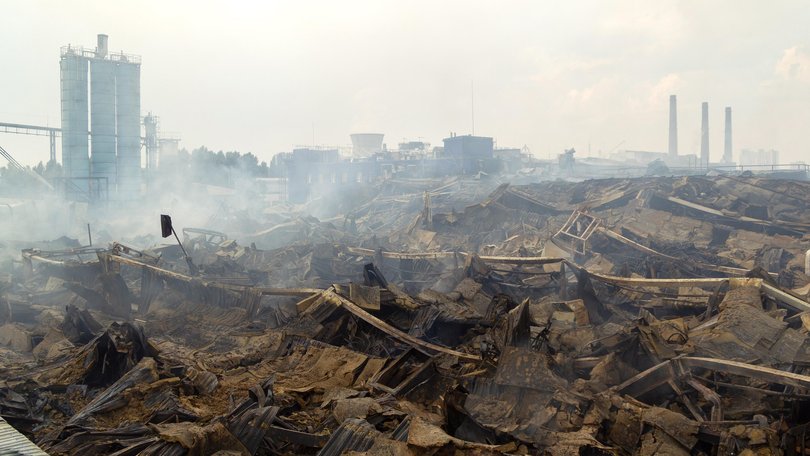 A hypermarket chain logistics centre was destroyed in Kyiv.