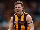 LAUNCESTON, AUSTRALIA - AUGUST 01: Nick Watson of the Hawks celebrates a goal during the 2026 AFL Round 21 match between the Hawthorn Hawks and the North Melbourne Kangaroos at UTAS Stadium on August 1, 2026 in Launceston, Australia. (Photo by Michael Willson/AFL Photos via Getty Images) Michael Willson/AFL Photos