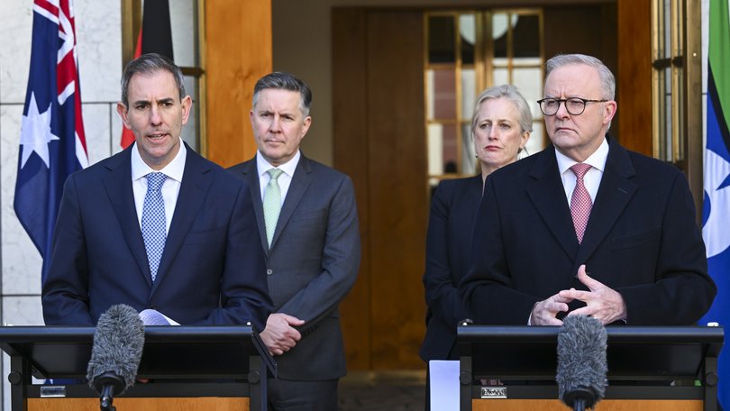 Treasurer Jim Chalmers and Prime Minister Anthony Albanese (front), Minister for Health and Aged Care Mark Butler, and Minister for Finance Senator Katy Gallagher (behind).