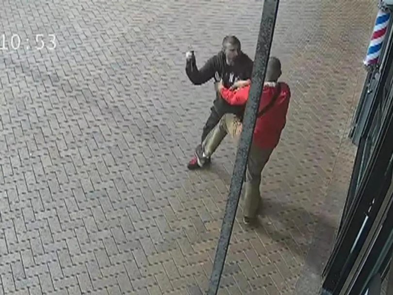 CCTV has captured the moment a man was stabbed several times outside a shop in Lalor Park, in western Sydney.
Picture: 9News