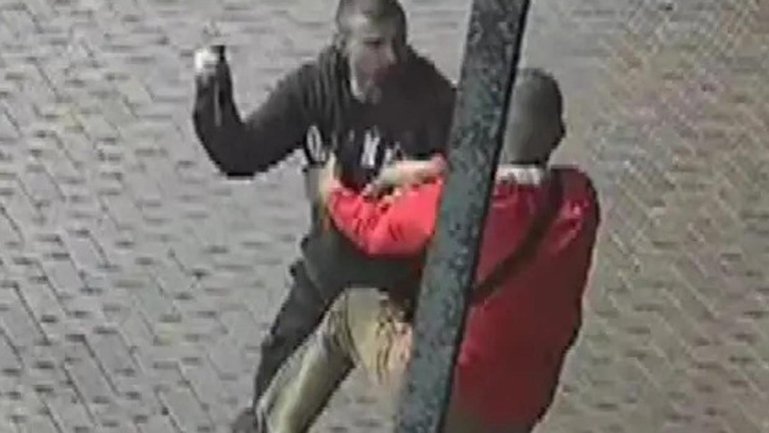 Horrifying footage has captured the moment a brutal stabbing unfolded outside a shopping centre, as police confirm a man has been arrested.