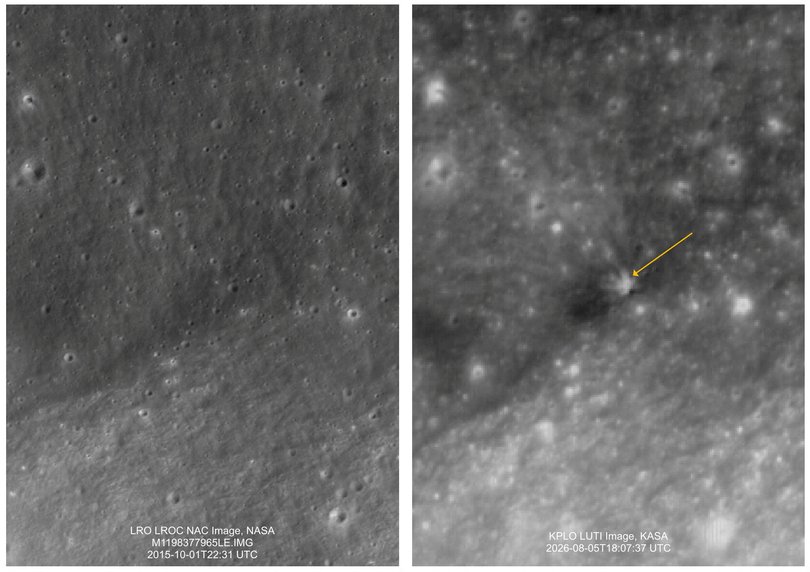 A composite of satellite images shows the surface of the moon before (left) and after the crash (right) of the second stage of a SpaceX Falcon 9 rocket.