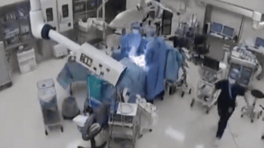 Wild footage has emerged of an earthquake striking a Japanese hospital while doctors and nurses performed surgery.