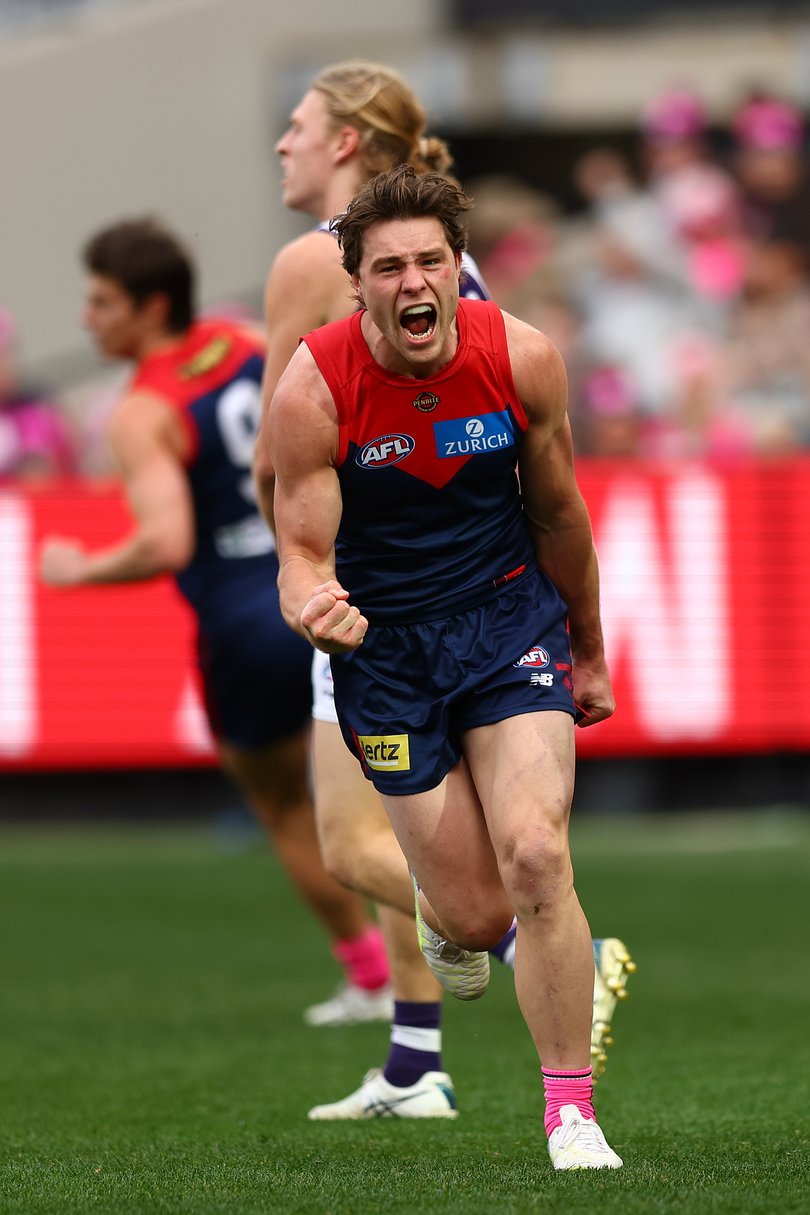 MELBOURNE, AUSTRALIA - AUGUST 08: Tom Sparrow of the Demons celebrates kicking a goal during the round 22 AFL match between Melbourne Demons and Fremantle Dockers at Melbourne Cricket Ground on August 08, 2026 in Melbourne, Australia. (Photo by Graham Denholm/AFL Photos via Getty Images)