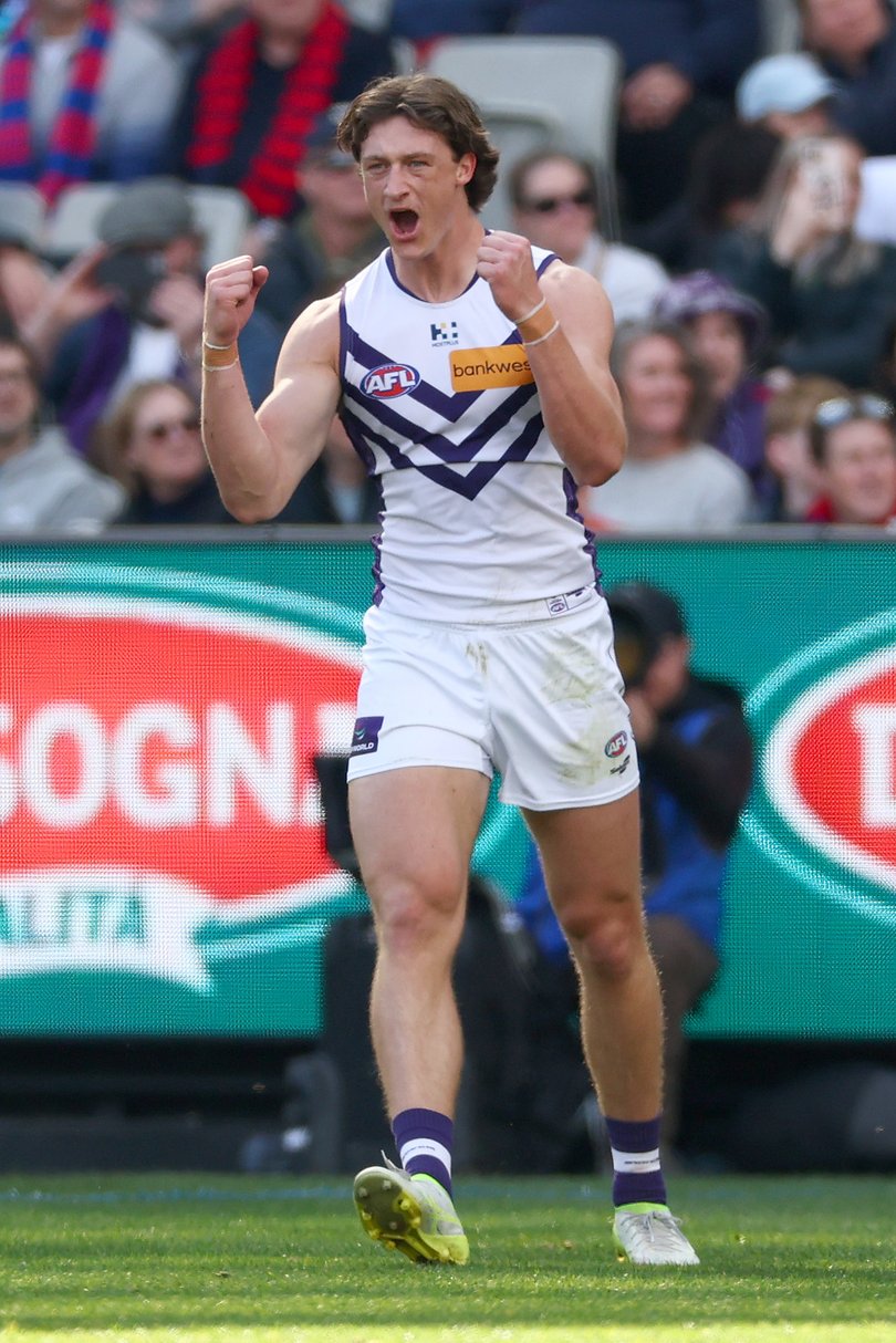 MELBOURNE, AUSTRALIA - AUGUST 08: Jye Amiss of the Dockers celebrates kicking a goal during the round 22 AFL match between Melbourne Demons and Fremantle Dockers at Melbourne Cricket Ground, on August 08, 2026, in Melbourne, Australia. (Photo by Daniel Pockett/Getty Images)