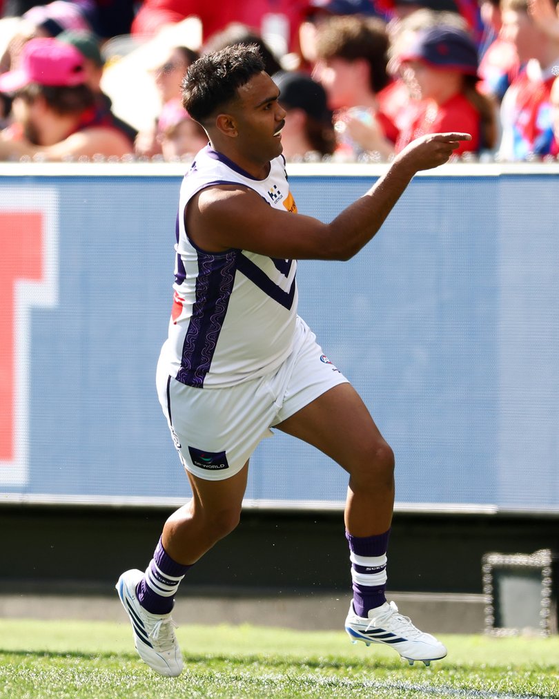 MELBOURNE, AUSTRALIA - AUGUST 08: Isaiah Dudley of the Dockers celebrates kicking a goal during the round 22 AFL match between Melbourne Demons and Fremantle Dockers at Melbourne Cricket Ground, on August 08, 2026, in Melbourne, Australia. (Photo by Daniel Pockett/Getty Images)