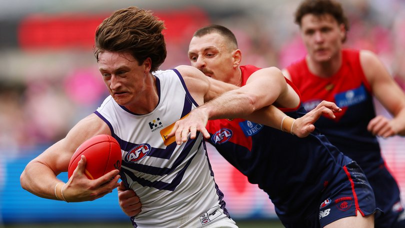 MELBOURNE, AUSTRALIA - AUGUST 08: Jye Amiss of the Dockers in action during the round 22 AFL match between Melbourne Demons and Fremantle Dockers at Melbourne Cricket Ground on August 08, 2026 in Melbourne, Australia. (Photo by Graham Denholm/AFL Photos via Getty Images)