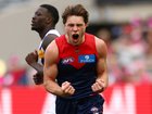 MELBOURNE, AUSTRALIA - AUGUST 08: Tom Sparrow of the Demons celebrates kicking a goal during the round 22 AFL match between Melbourne Demons and Fremantle Dockers at Melbourne Cricket Ground on August 08, 2026 in Melbourne, Australia. (Photo by Graham Denholm/AFL Photos via Getty Images)