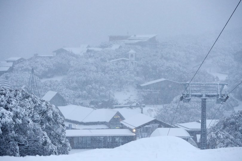 A general view as snow falls on June 22, 2020 at Mt Buller Ski Resort, Australia. 
