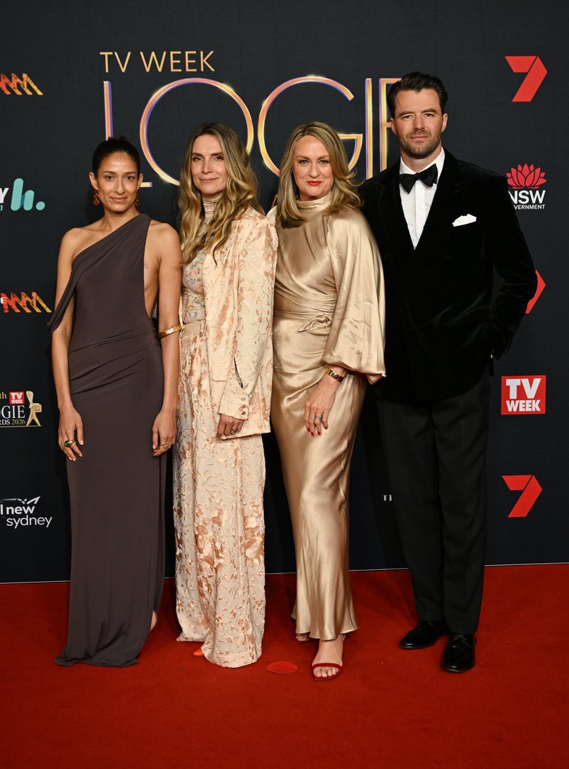 Emma Harvie, Genevieve Hegney and Helen Thomson walked the red carpet with Thomas Cocquerel. (Photo by James Gourley/Getty Images for TV WEEK)
