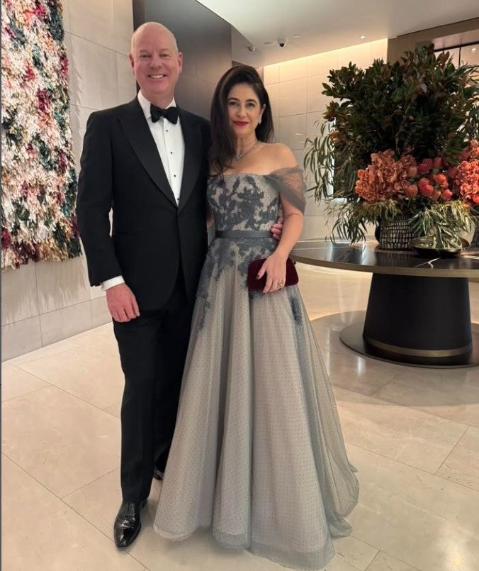 Tom Gleeson and his partner Ellie, wearing Daniel Learmont Couture.