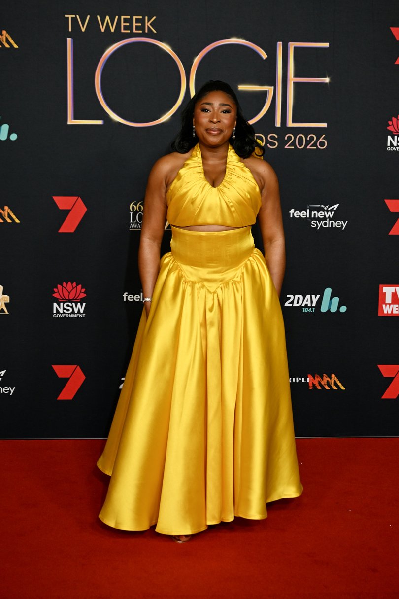 Chika Ikogwe in a gorgeous golden gown. (Photo by James Gourley/Getty Images for TV WEEK)
