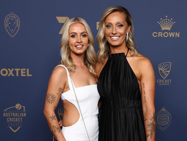 Monica Wright and Ashleigh Gardner attending the 2025 Cricket Australia Awards in Melbourne.