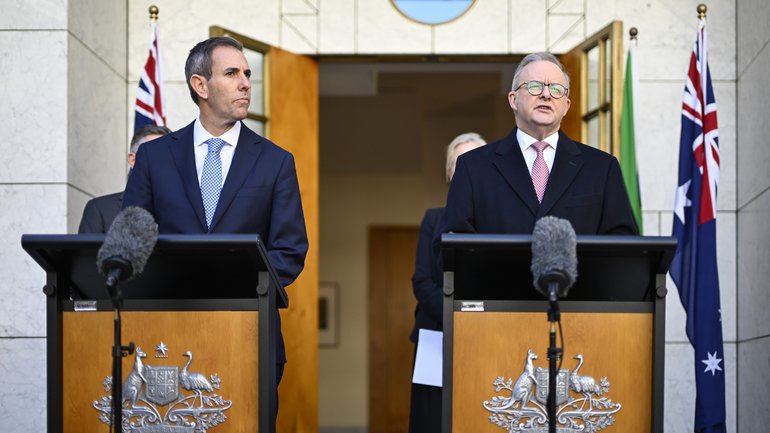 Despite trying to stay out of politics, the Reserve Bank has blamed Labor’s Budget taxes on investors for the housing market slump. Pictured: Jim Chalmers and Anthony Albanese.