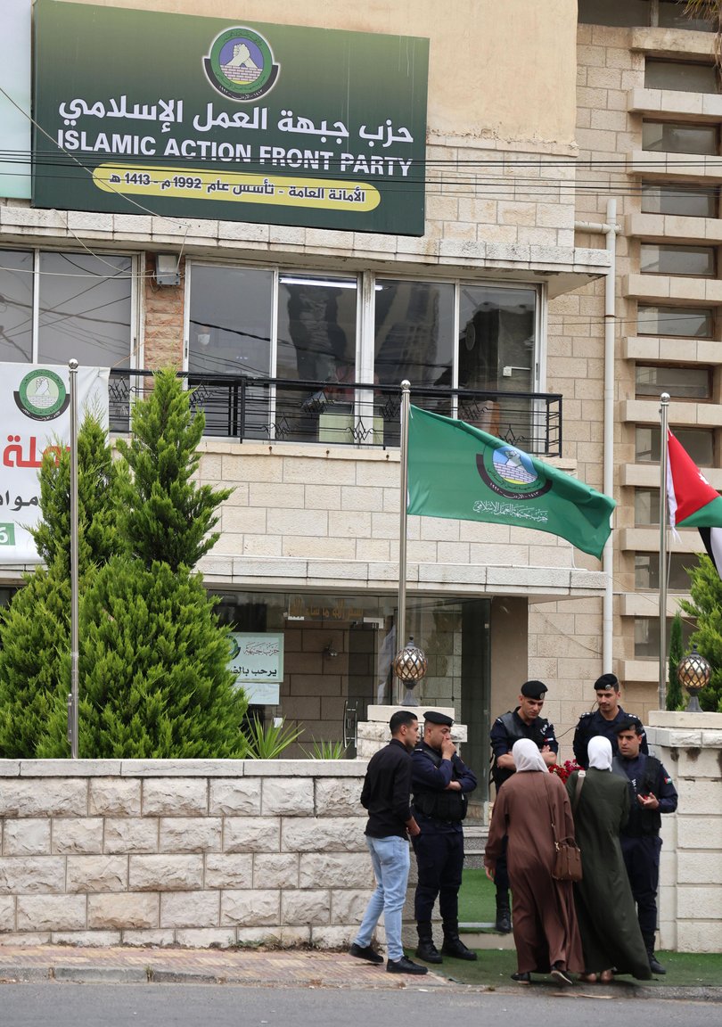 Jordanian police block the entrance to the Muslim Brotherhood headquarters after group were banned in the country in April.