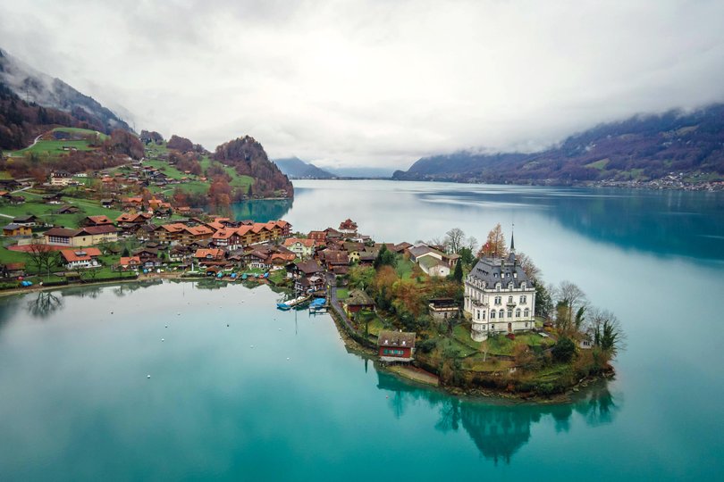 Aerial view, Iseltwald village with idyllic nature scenery of lake Brienz with turquoise waters. Switzerland Picture: oatawa