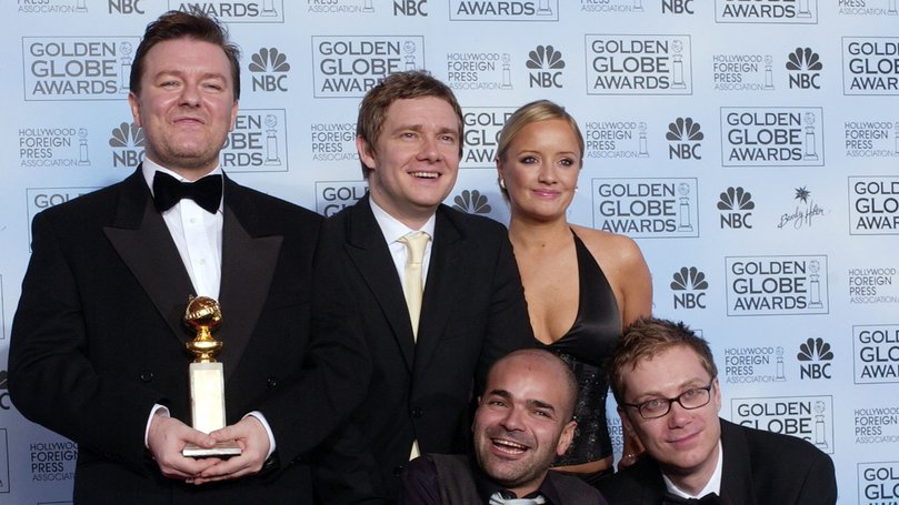 Ricky Gervais (left) has sent love to his The Office co-star Lucy Davis (back right) after her revelation that she has “incurable” breast cancer.