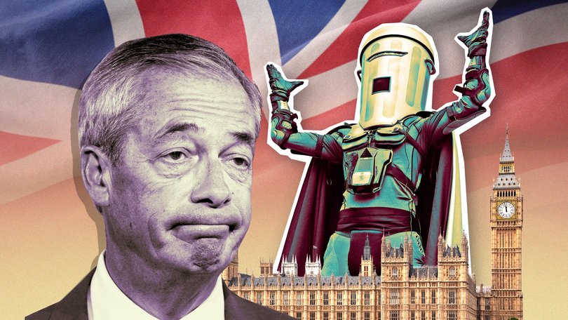 Novelty candidate Count Binface, right, is shaping up as UK Reform leader Nigel Farage’s main rival in the Clacton by-election.