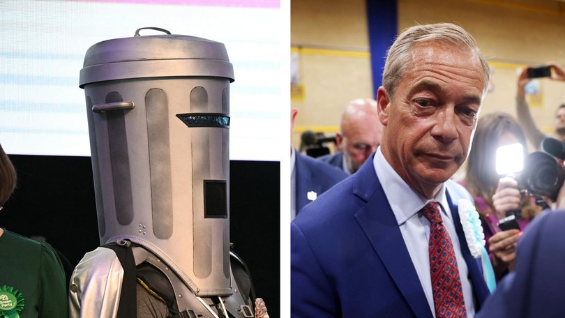 Novelty candidate Count Binface, left, is shaping up as UK Reform leader Nigel Farage's main rival in the Clacton by-election.