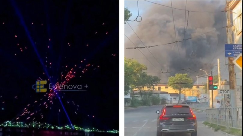 Russian air defences launch against Ukraine's wave of strikes on the stragegically vital port of Novorossiysk, left, and the aftermath of the attack on the streets, right.