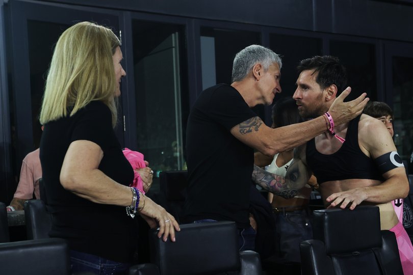Jorge Messi, father of Lionel Messi, greets his son Lionel with his wife Celia Cuccittini after the 2025 MLS Cup Playoff match between Inter Miami CF and Nashville SC at Chase Stadium in November 2025.