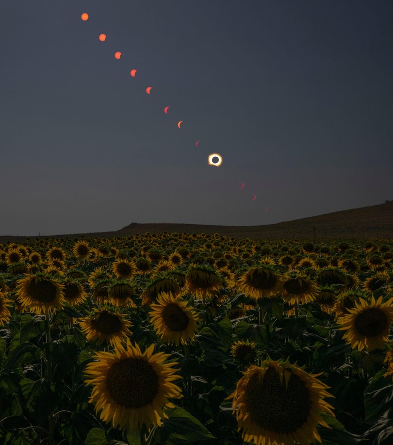 The progression of a total solar eclipse on August 12, 2026 over San Millán de los Caballeros, Spain.