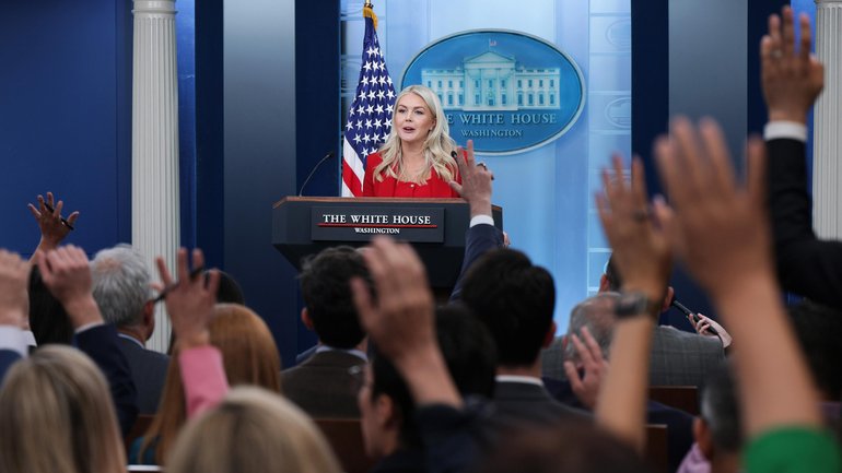 White House Press Secretary Karoline Leavitt takes questions from reporters during a news briefing.