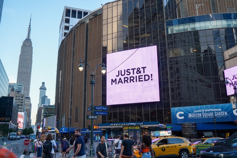 A "Just Married" sign is displayed on Madison Square Garden during a wedding between singer Taylor Swift and National Football League player Travis Kelce on Friday, July 3, 2026, in New York. (AP Photo/Ryan Murphy)