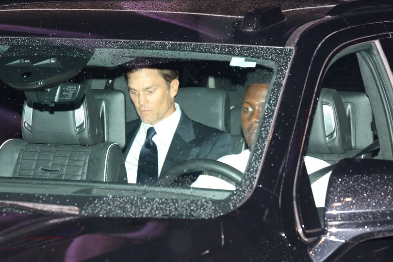 Tom Brady sits in a vehicle, on the day of the wedding celebrations of singer Taylor Swift and National Football League (NFL) player Travis Kelce at Madison Square Garden, in New York, U.S., July 3, 2026. REUTERS/Carlos Barria