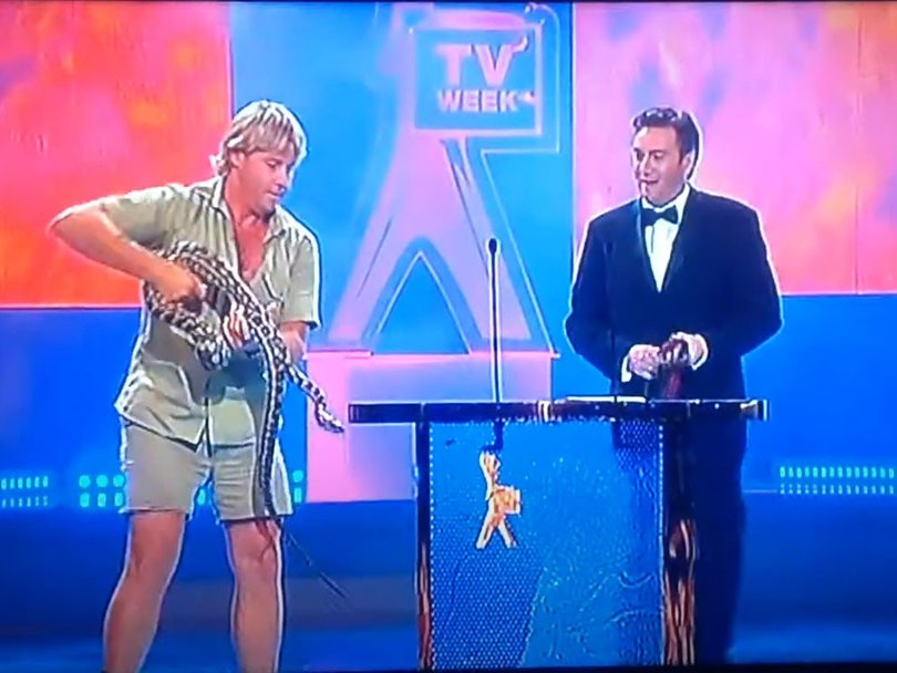 Aussie legend Steve Irwin, the Crocodile Hunter, wrangled a snake on stage at the 2003 logies as Eddie McGuire stood nervously by.