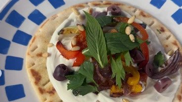 Dezi Madafferi’ roasted vegetable and labneh flatbread.