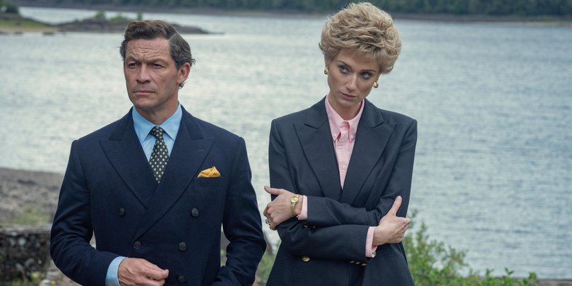 This image released by Netflix shows Dominic West as Prince Charles, left, and Elizabeth Debicki as Princess Diana in a scene from 'The Crown." (Keith Bernstein/Netflix via AP_ Picture: Keith Bernstein