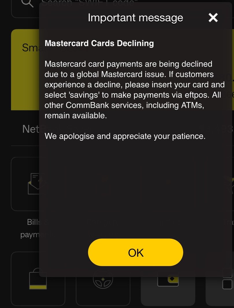 A CommBank alert about the outage.