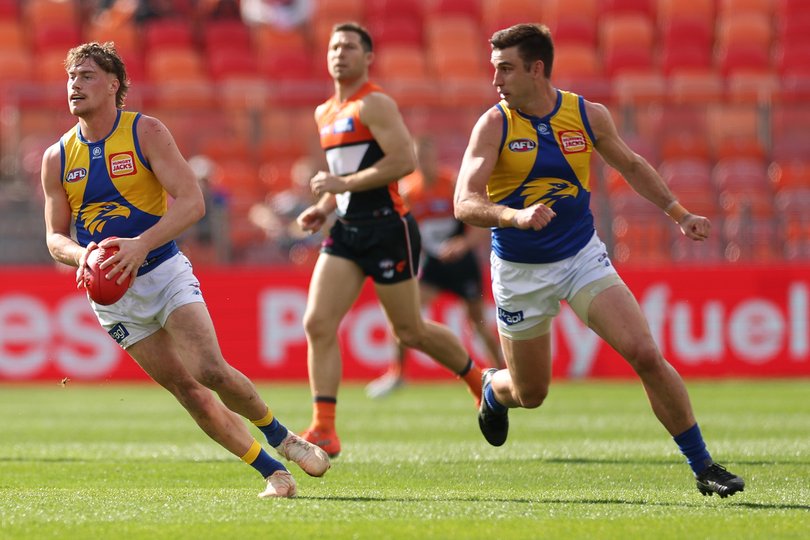 SYDNEY, AUSTRALIA - AUGUST 16: Harley Reid of the Eagles runs with the ball during the round 23 AFL match between Greater Western Sydney Giants and West Coast Eagles at ENGIE Stadium, on August 16, 2026, in Sydney, Australia. (Photo by Darrian Traynor/Getty Images via AFL Photos)